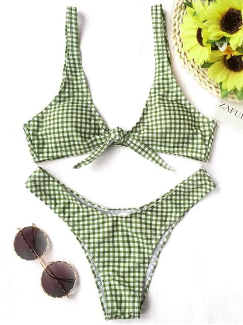 Conjunto De Bikini De Tartán Con Lazo Anudado Blue And White White And Black White And Green White And Yellow Grey And White Red And White