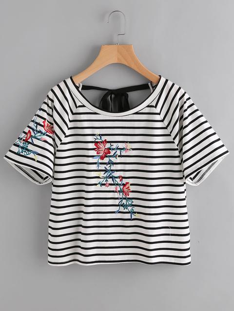 Raglan Sleeve Tied V Back Embroidered Tee