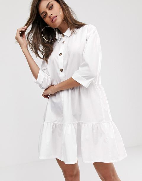 Asos Design Button Through Tiered Mini Smock Dress In White