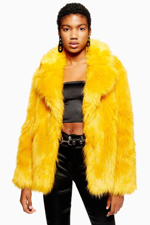 Womens Faux Fur Coat - Mustard, Mustard