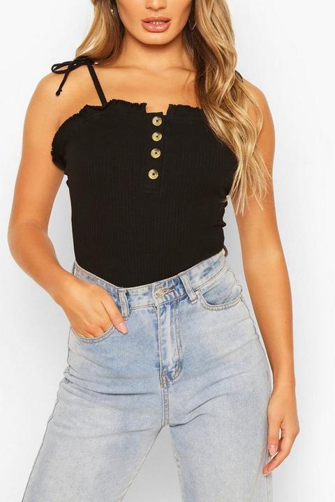 Womens Lettuce Hem Button Cami Bodysuit - Black - Xs, Black