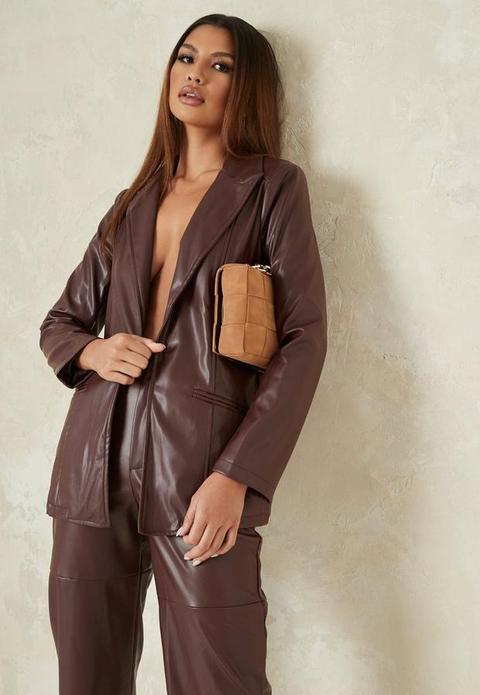 Chocolate Co Ord Faux Leather Tailored Boyfriend Blazer, Brown