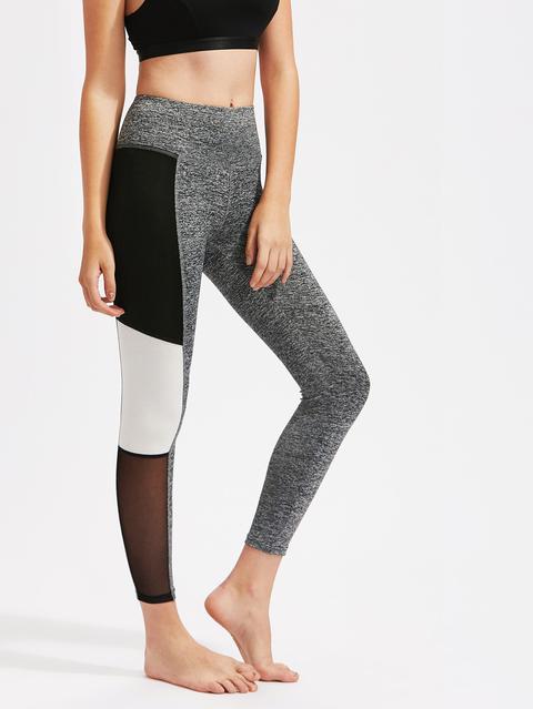 Mesh Insert Color Block Marled Knit Leggings