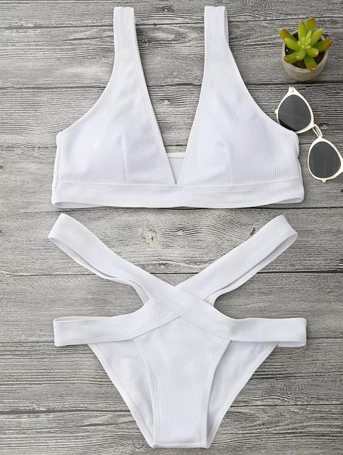 Bikini Top Con Scollo Profondo E Bottoms A Fasciatura White Yellow Black Scarlet