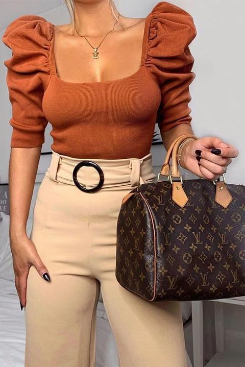 Rust Knitted Puff Sleeve Jumper