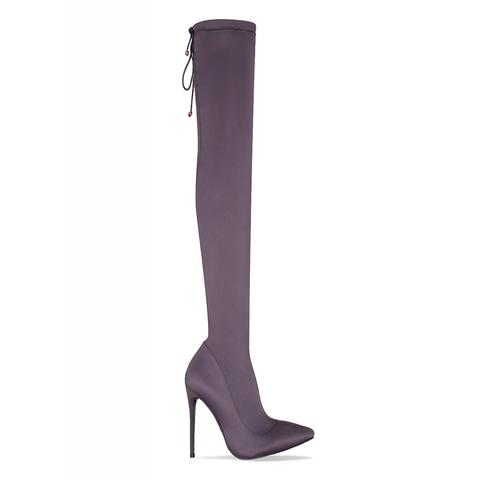 Cairo Grey Lycra Pointed Toe Thigh High Boots