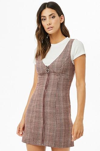 Forever 21 Glen Plaid Mini Pinafore Dress , Burgundy/cream