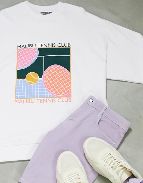 Asos Design Oversized Sweatshirt With Malibu Tennis Club Chest Print-white