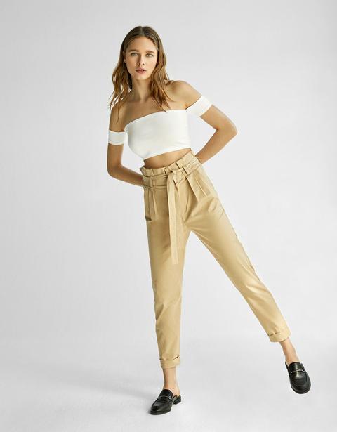 Pantaloni Cropped Vita Alta Con Cintura