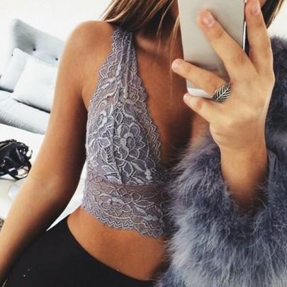 Grey Plain Lace Plunging Neckline Sexy Slim Vest