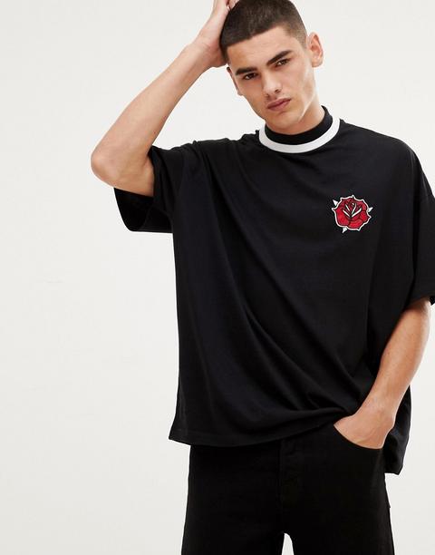 Asos Design - T-shirt Oversize Avec Broderie Rose Et Col Roulé Double Épaisseur - Noir