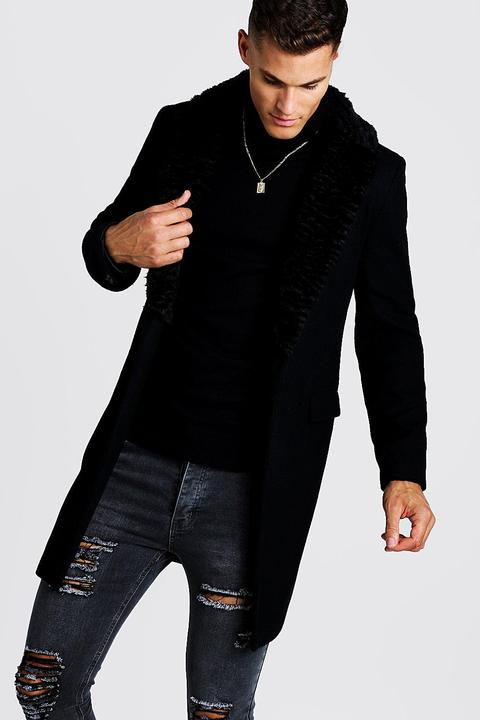 Mens Black Luxe Faux Fur Collared Wool Overcoat, Black
