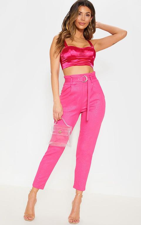 Fuchsia Croc Print D Ring Belted Skinny Trousers