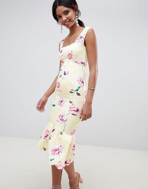 Vestido Midi Con Sobrefalda En El Bajo Y Detalle Festoneado En Estampado Floral De Asos Design