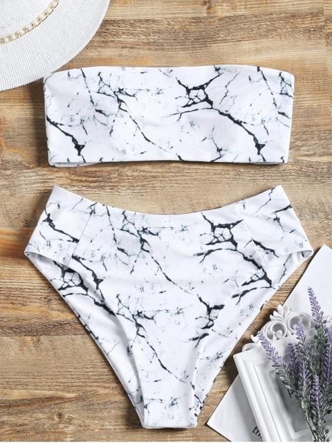 marble print high waisted bandeau bikini set