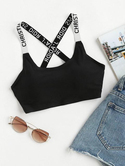 Letter Print Criss Cross Back Sports Bra