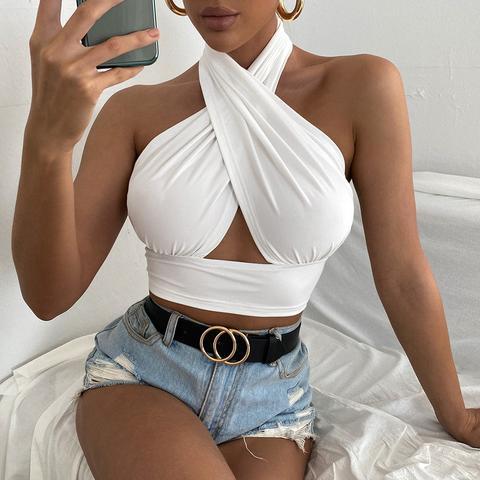 Solid Cross Crop Halter Top