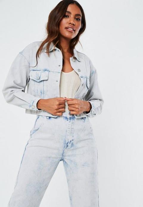 Light Blue Co Ord Oversized Cropped Denim Jacket, Blue