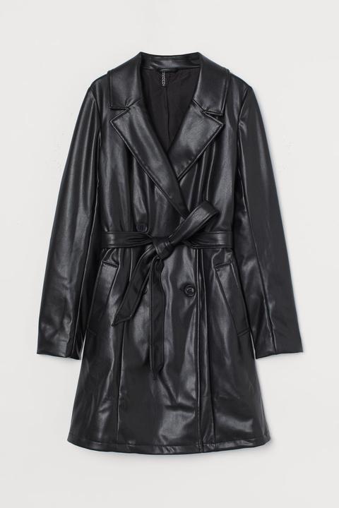 Imitation Leather Trench Coat - Black