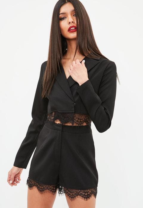 Black Cropped Lace Hem Blazer, Black