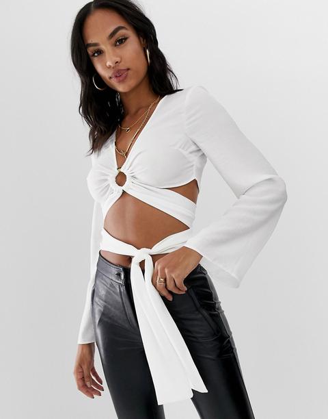 Asos Design Long Sleeve Plunge Top With Ring Detail And Wrap Tie-white