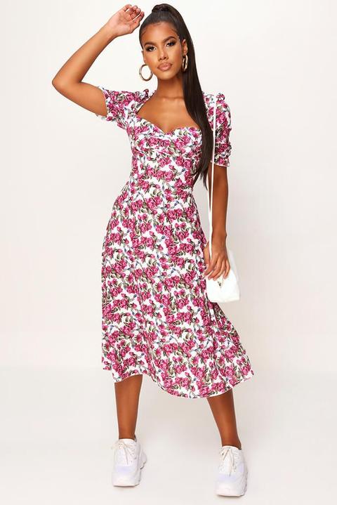 Pink Woven Floral Print Puff Sleeve Button Front Midi Dress , Pink