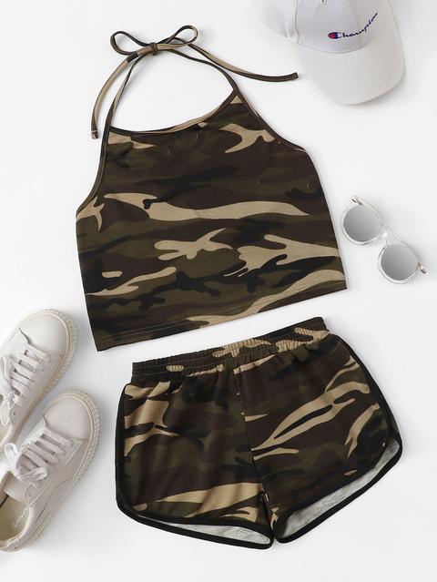 Camo Print Halter Top With Shorts