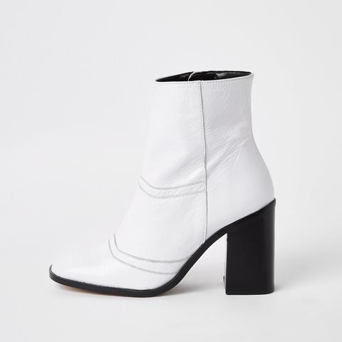 White Leather Square Toe Ankle Boots