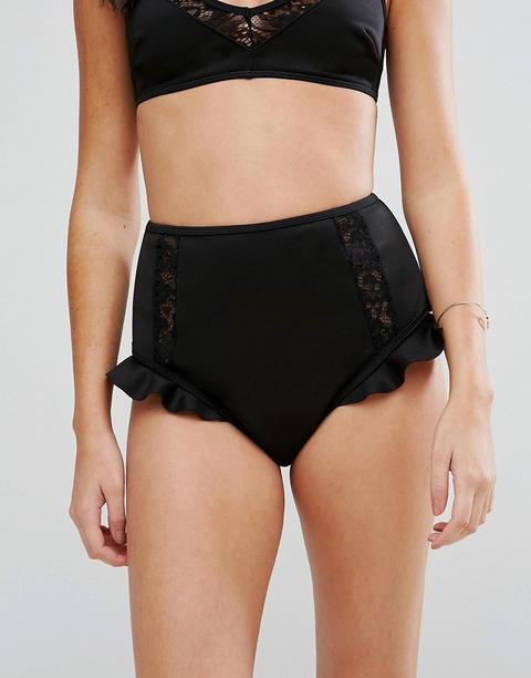 Asos - Slip Bikini A Vita Alta Con Volant In Neoprene E Pizzo - Nero