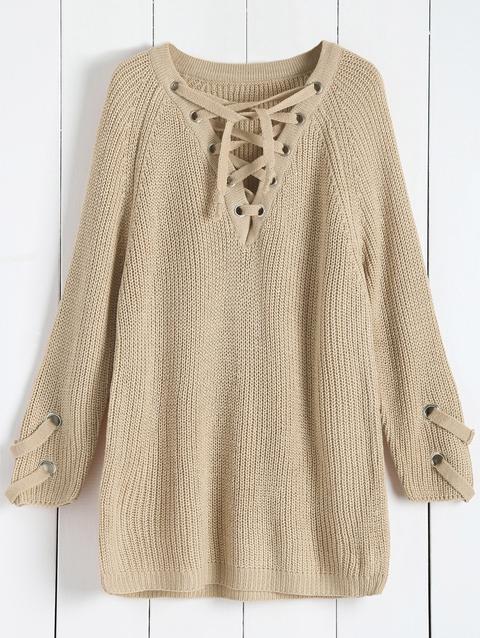 Lace Up V Neck Solid Color Sweater