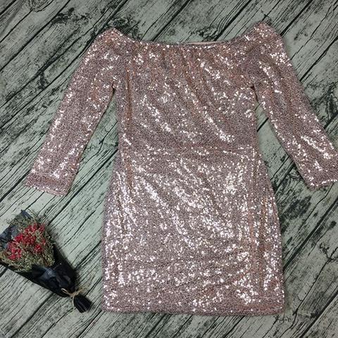 Pink Plain Sparkly Sequin Boat Neck Off-shoulder Bodycon Mini Dress