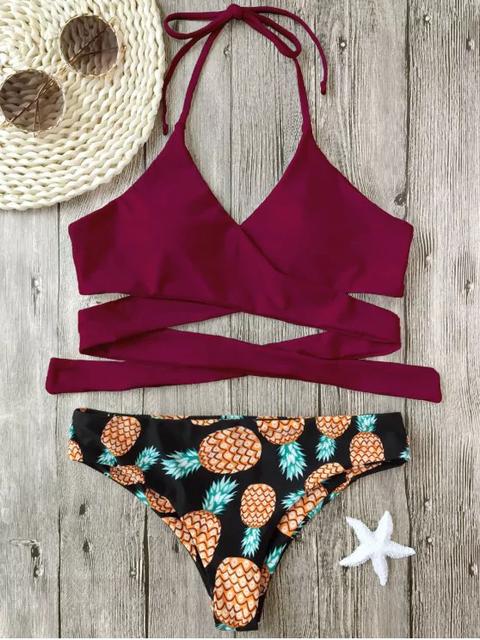 Bikini Abrigo Con Estampado De Piña Halter