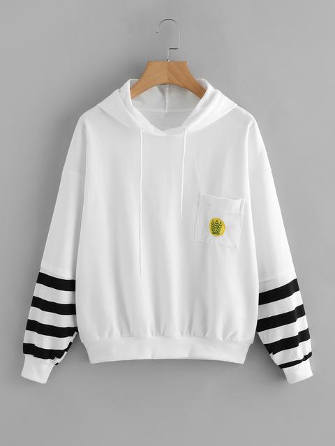 Striped Sleeve Embroidered Chest Pocket Hoodie