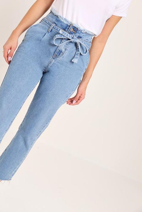 Blue high waisted frayed clearance paper bag mom jeans