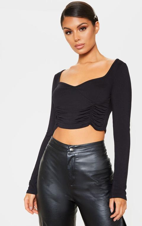 Black Long Sleeve Ruched Side Crop Top