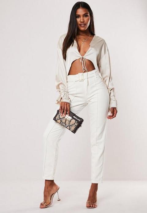 White High Waisted Belted Front Seam Mom Jeans, White