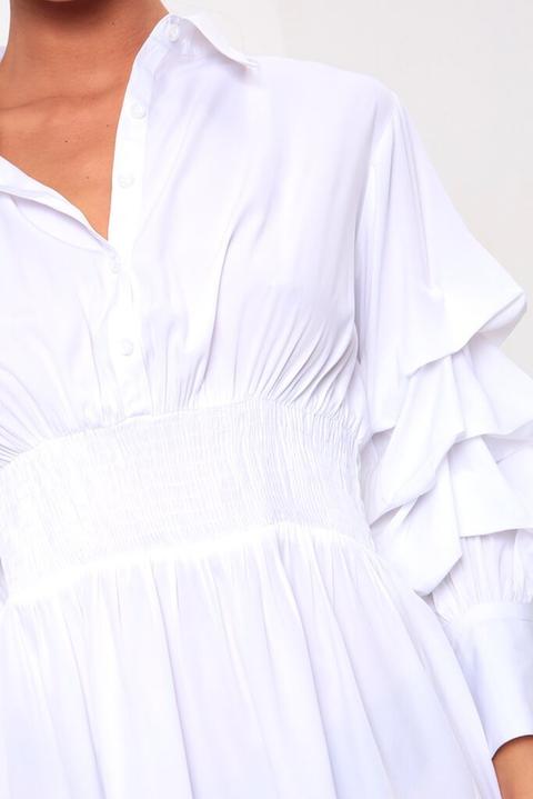 white ruffle shirt dress