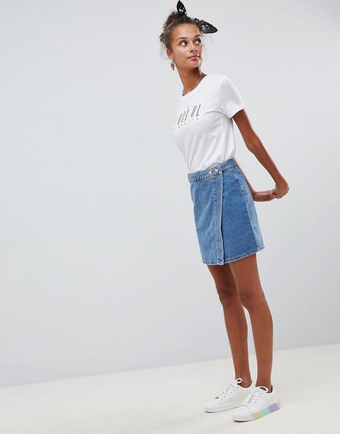 Asos Design Denim Wrap Skirt In Stonewash Blue