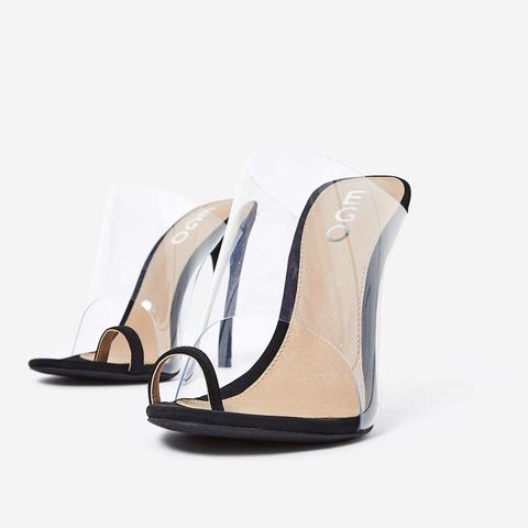 Shape Toe Strap Perspex Mule In Black Lycra, Black