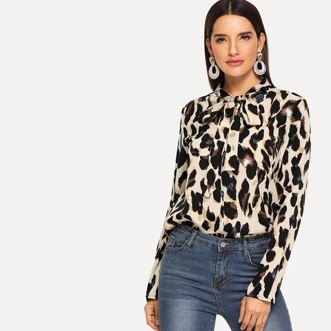 Camicia Con Collo A Cravatta E Stampa Leopardo