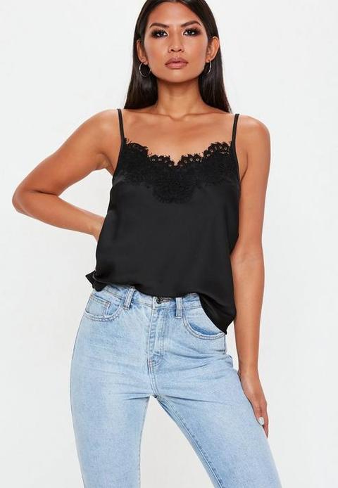 Black Eyelash Lace Trim Cami Top, Black