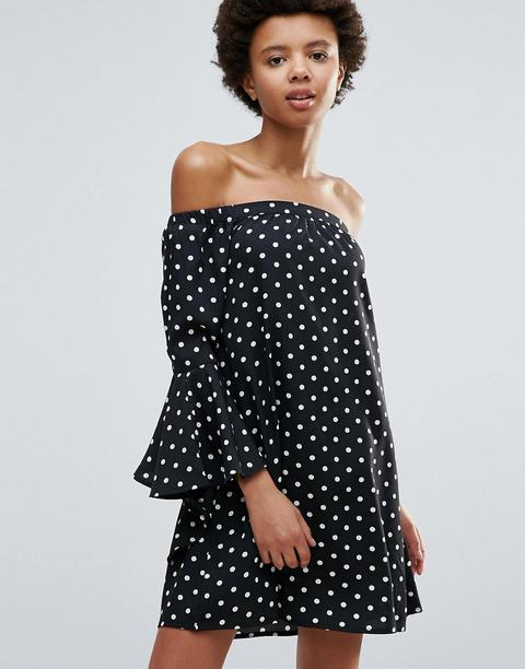 Influence Polka Dot Bardot Dress With Flare Sleeve