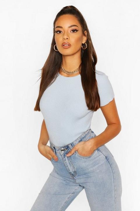 Womens Rib Knit Crew Neck Short Sleeve Knitted Bodysuit - Blue - S, Blue