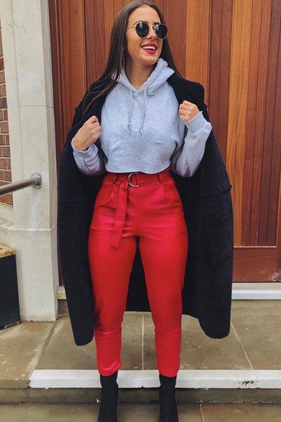 Red Coated Belted Tapered Trousers - Reyna