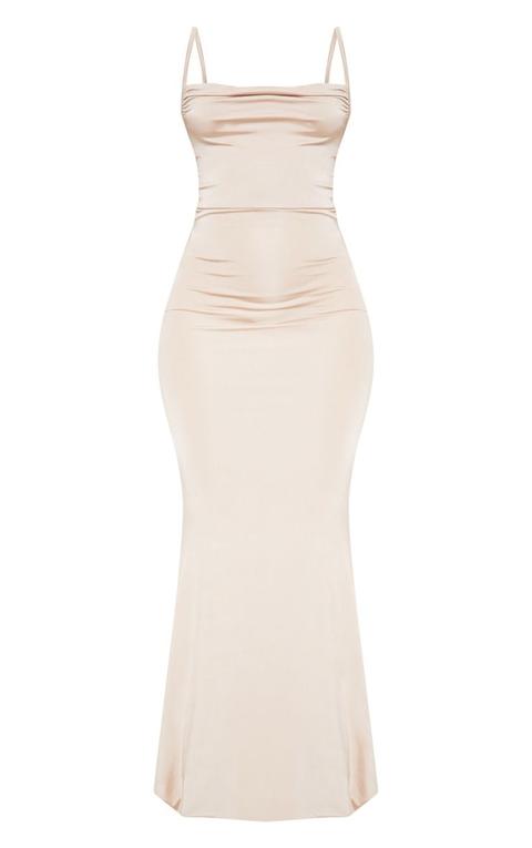 champagne strappy slinky cowl maxi dress