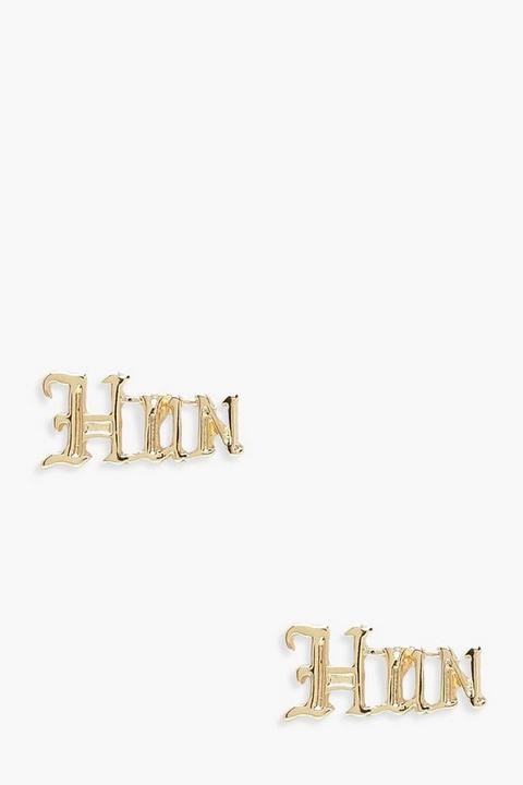 Womens Hun Slogan Stud Earrings - Metallics - One Size, Metallics