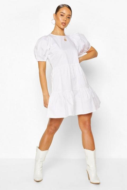 Womens Puff Sleeve Smock Dress - White - 12, White