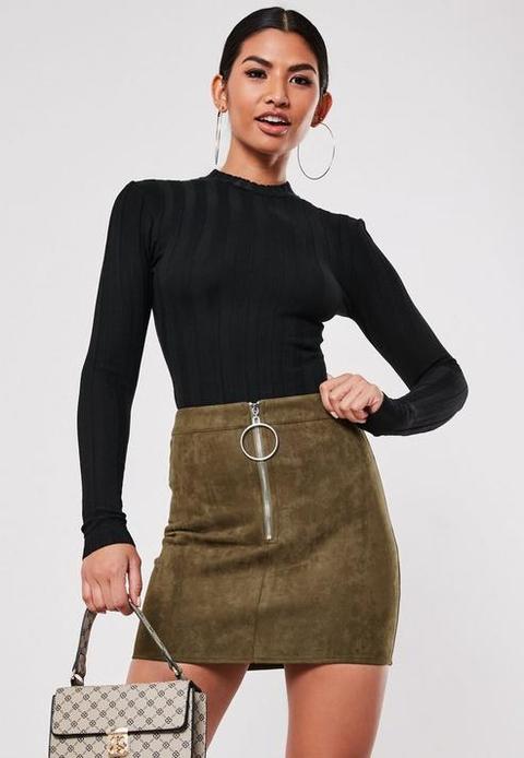 Khaki Faux Suede Micro Mini Zip Skirt, Kahki