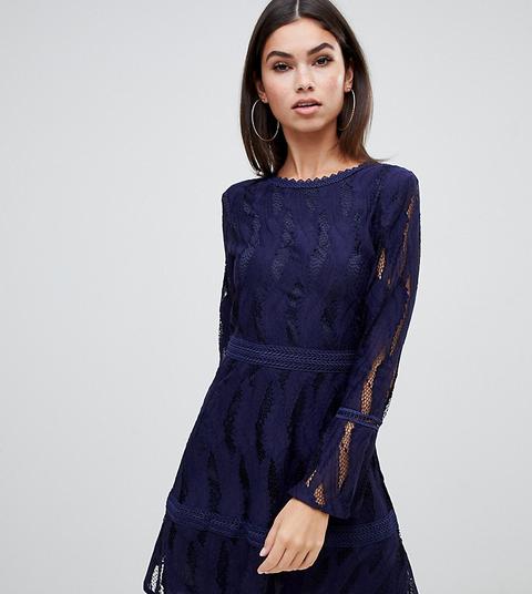 Esclusiva Boohoo - Vestito In Pizzo Blu Navy Con Maniche Svasate - Navy