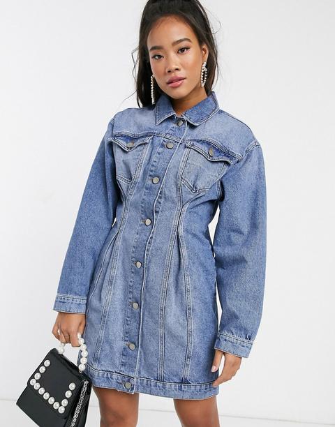 Asos Design Denim Jacket Dress With Pinched Front Seams In Mid Wash Blue